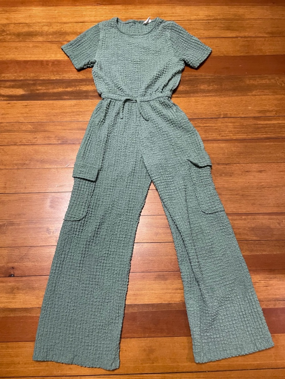 Zara Sage Green Textured Wide-Leg Jumpsuit with Cargo Pockets Size 12